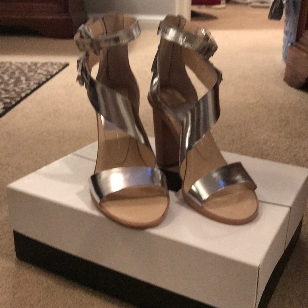 Silver leather strappy blocked heel sandals